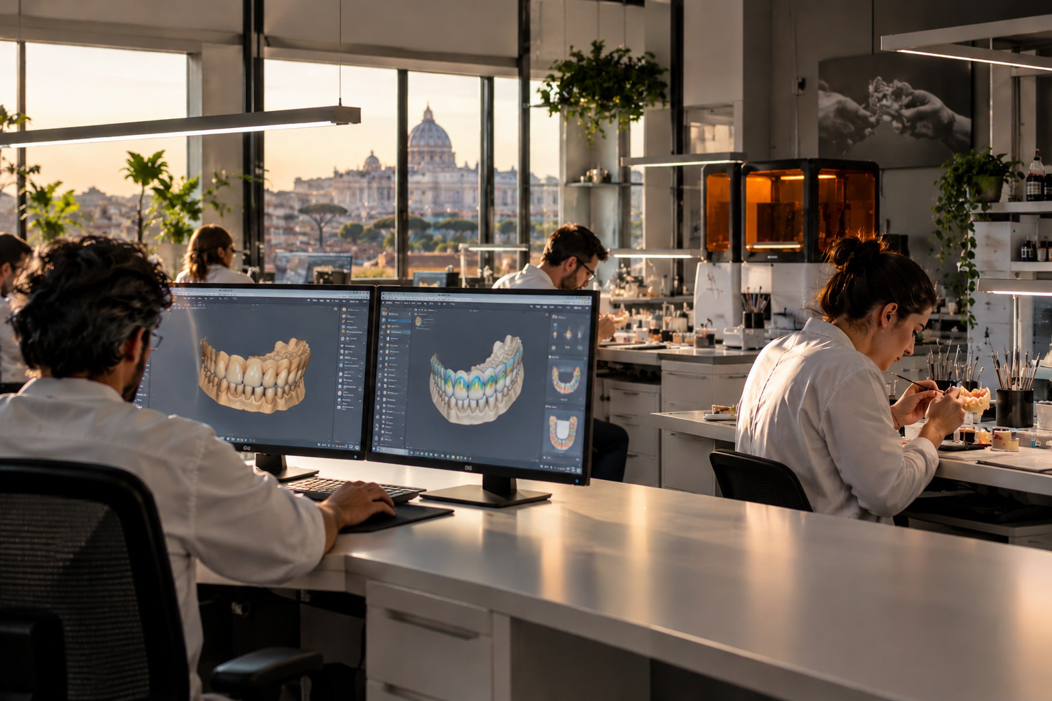 Laboratorio odontotecnico a Roma con tecnici al lavoro su postazioni CAD e rifinitura manuale